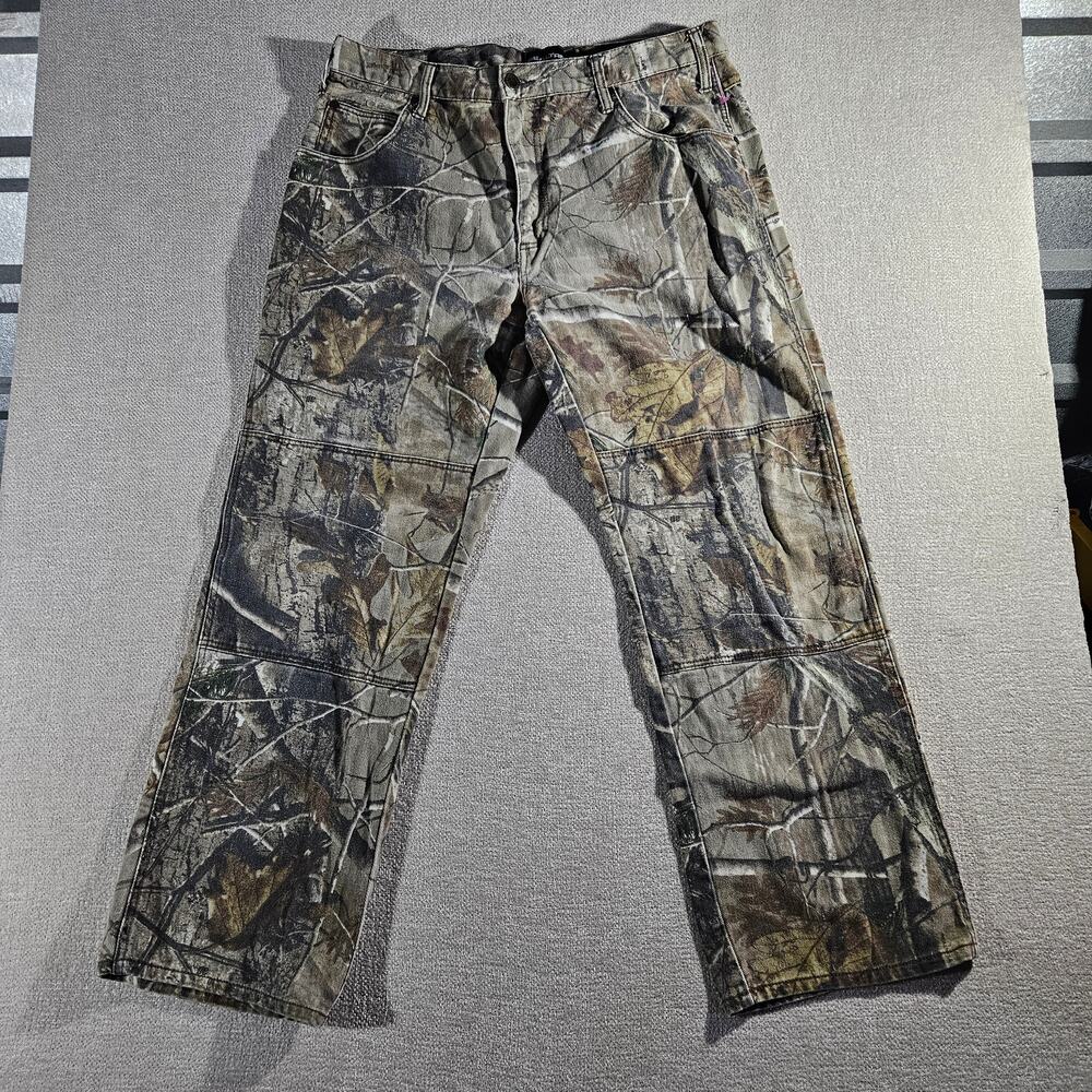 Y2K Realtree Double Knee Denim Pants 34x30 Camo Distressed Faded Mens